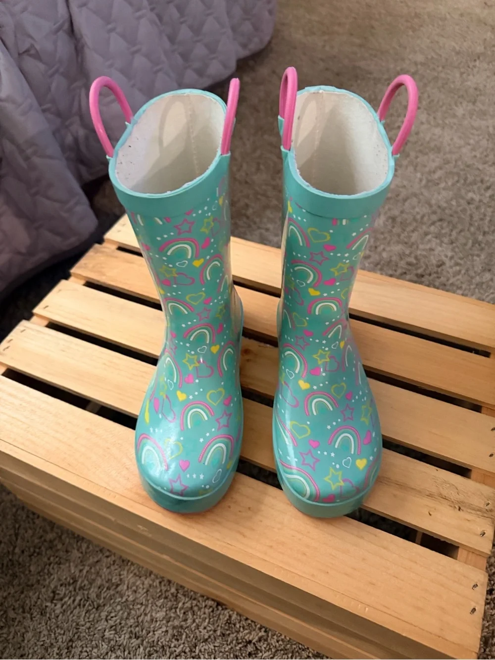 Western Chief Turquoise Kids Rain Boots with Pink Handles and Rainbow Print
